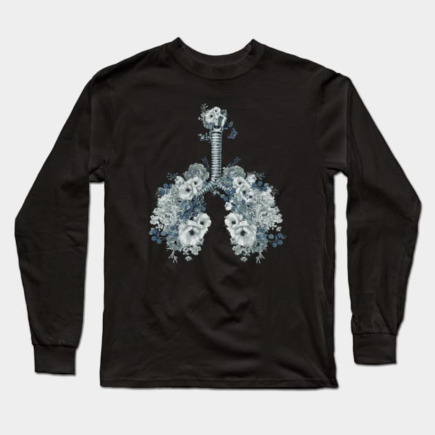 Roses and flowers growing on the lungs, important to breathe, blue, navy, lungs cancer, respiratory therapist Long Sleeve T-Shirt by Collagedream